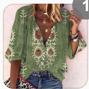 Green 3/4 Sleeve Print Top